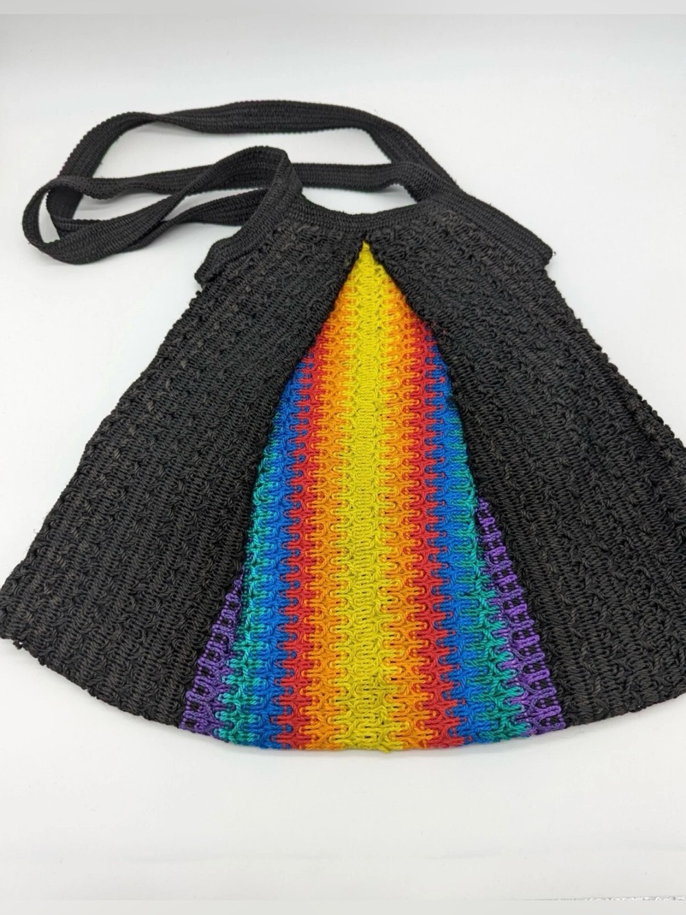 Boho Knit Shoulder Bag Rainbow Stripe Festival Purse
